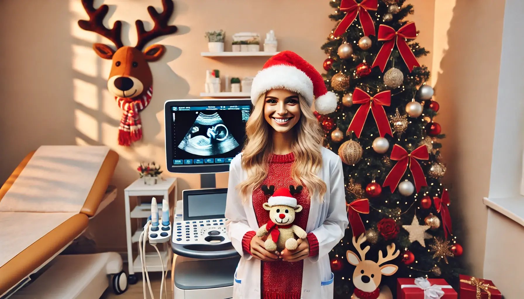 DALL·E 2024-12-22 20.55.43 - A festive Christmas-themed scene featuring a European, blonde female gynecologist wearing a red Santa hat, standing in a warmly decorated gynecology c